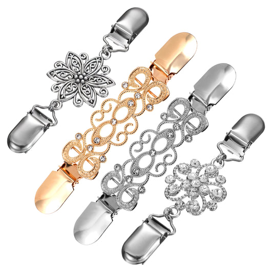 Oruola 4 Stück Kleider Clip,Cardigan Clip,Waist Clips für Damen Mädchen,Vintage Pullover Clips,Shirt Clip für Bluse Strickjacke Kleider Schal Jacke,Cinch Clip,Verschlüsse für Jacken(Gold,Silber)