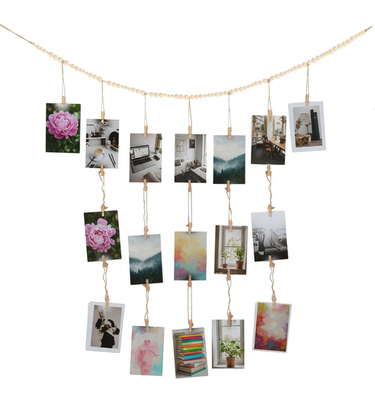 ValueBargain Hanging Photo Display, Boho Wooden Photo Display Bead Garland String Picture Holder, 28 Clips (20 Double Head + 8 Single) for Photo Wall Display in Teen Girl Room, Dorm, Bedroom