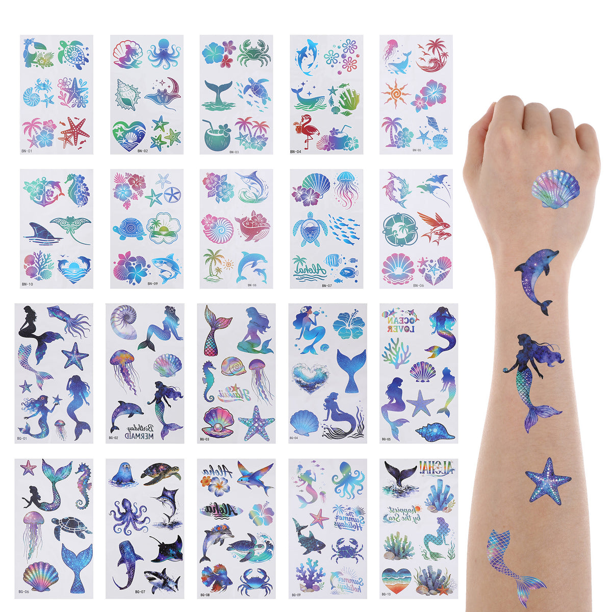 Oruola 20Sheets Mermaid Tattoos for Kids, Glitter Mermaid Temporary Tattoos