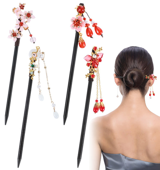 Chinese Hair Pin, 4Pcs Vintage Retro Hair Chopsticks with Flower Bead Pendants Traditional Hanfu Wooden Sticks for Women & Girls, Perfect for Buns & Updos