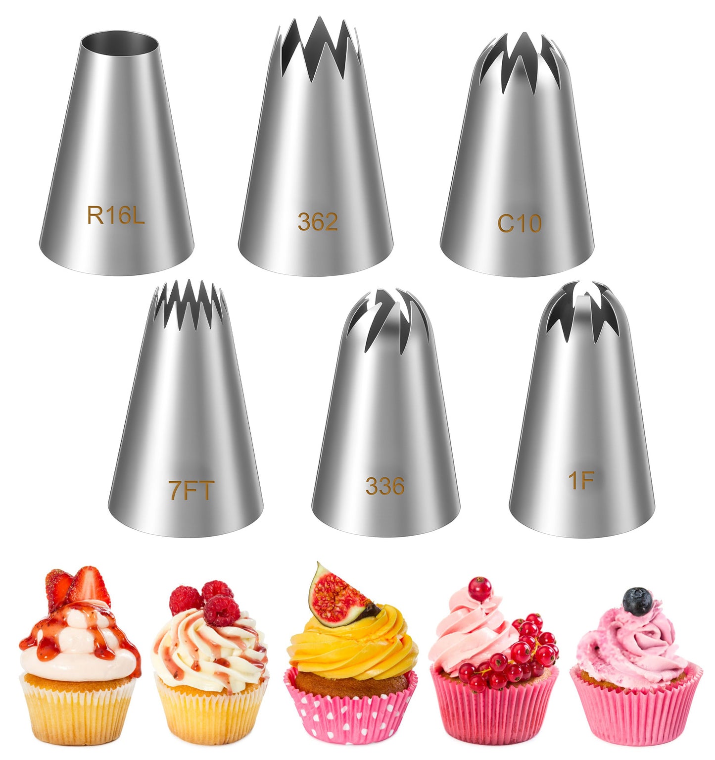 6Pcs Large Piping Tip, Stainless Steel Cupcake Piping kit for Frosting, Icing, Cupcakes & Cookies (1F C10 R16L 362 7FT 336)