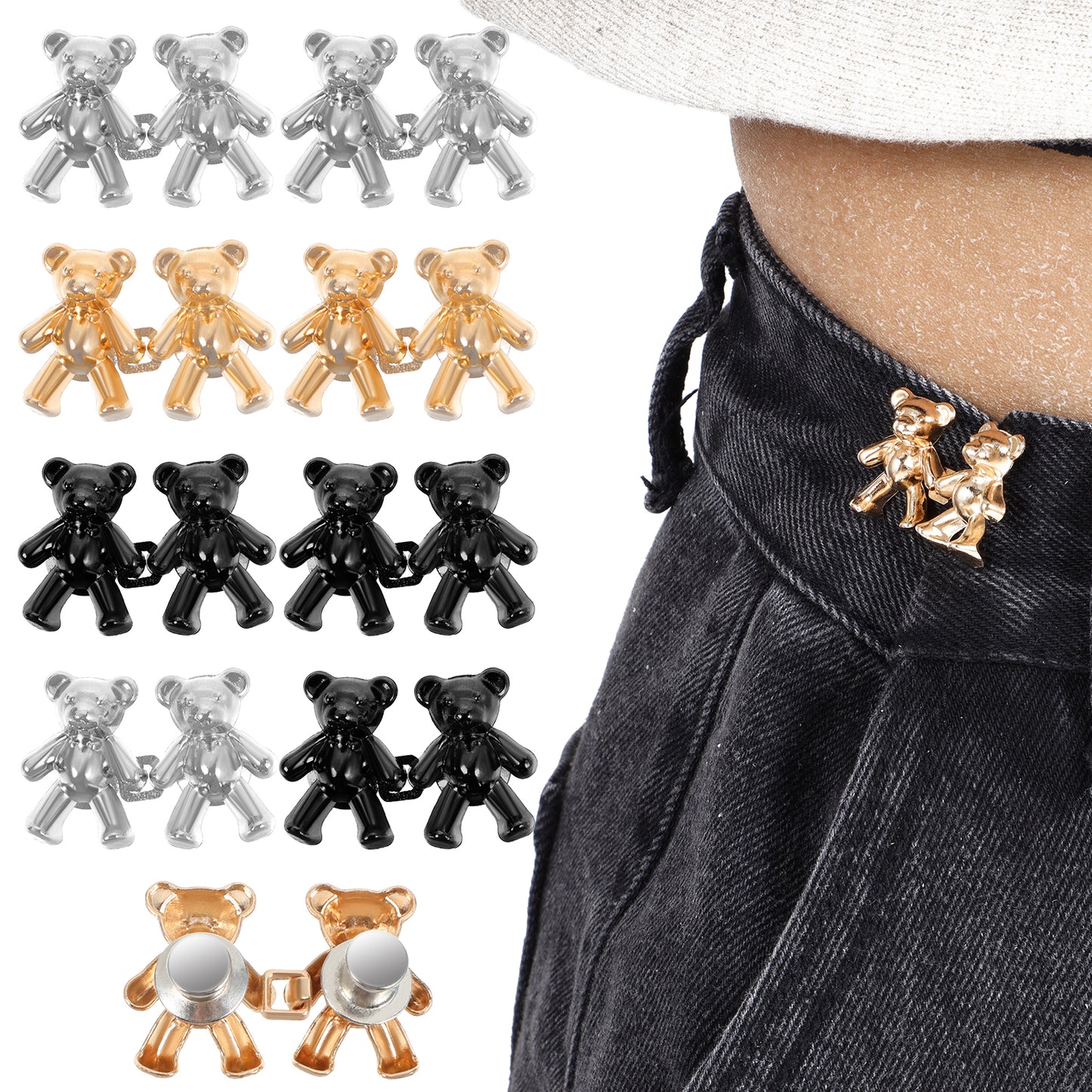 Oruola 9 Pairs Bear Pant Waist Tightener,Jean Tightener for Waist, Cute Metal Bear Jean Buttons for Loose Jeans,Button Pins for Jeans Clothing Dresses Skirts No Sewing Decoration Accessories