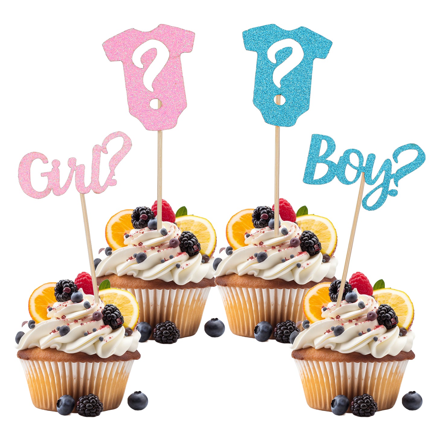 Oruola 16 Pack Gender Reveal Cupcake Toppers,Glitter Onesie Jumpsuit Cake Toppers,Boy or Girl Cake Decorations for Baby Shower Party Supplies(Blue,Pink)