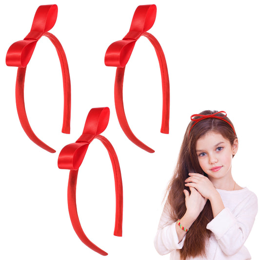 Oruola 3pcs Red Bow Headband,Red Satin Bow Headband,Vintage Hairbands Knot Headdress for Women Girls, Alice Headbands Hair Accessories for School and Chirtsmas Child Gifts