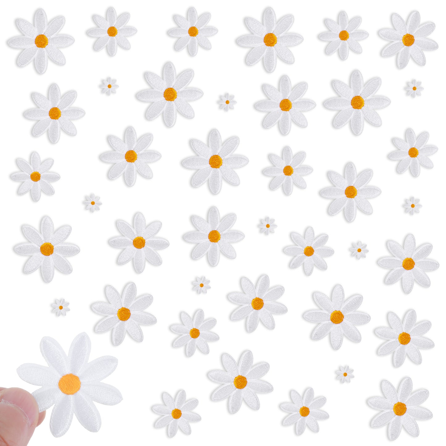 Guduling 40pcs Daisy Iron on Patch, 4 Sizes Iron on Flowers, Cute Embroidery Patches for Clothes, Hats, Backpacks, Jeans Jacket, DIY Decoration, White (4cm 3.5cm 3cm 1.2cm)