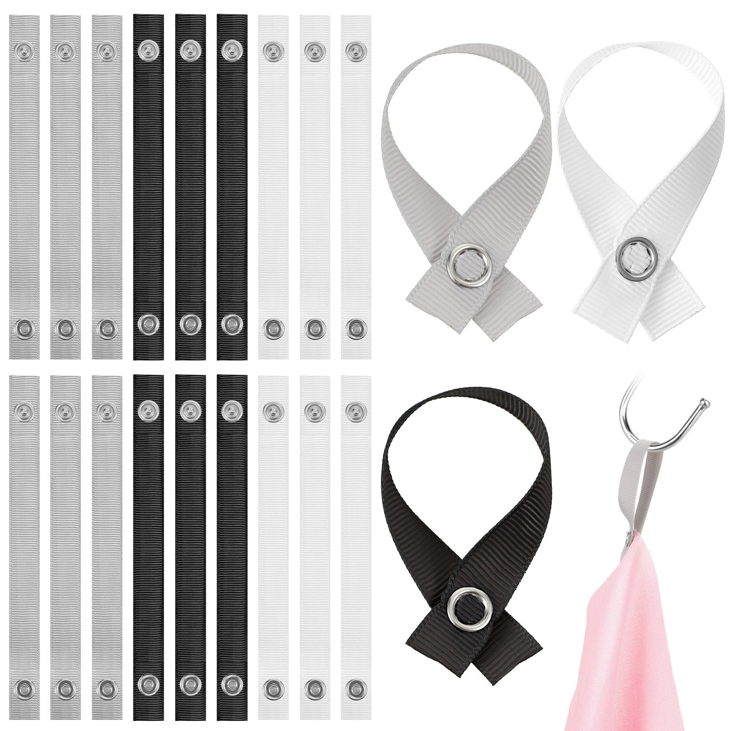 Elegaperma 18 Pcs Towel Clips for Hanging, Black & White & Grey Fabric Towel Clips with Pin Button Closure, No-Sew Textile Hangers for Kitchen & Home (15.5 x 1.5 cm)