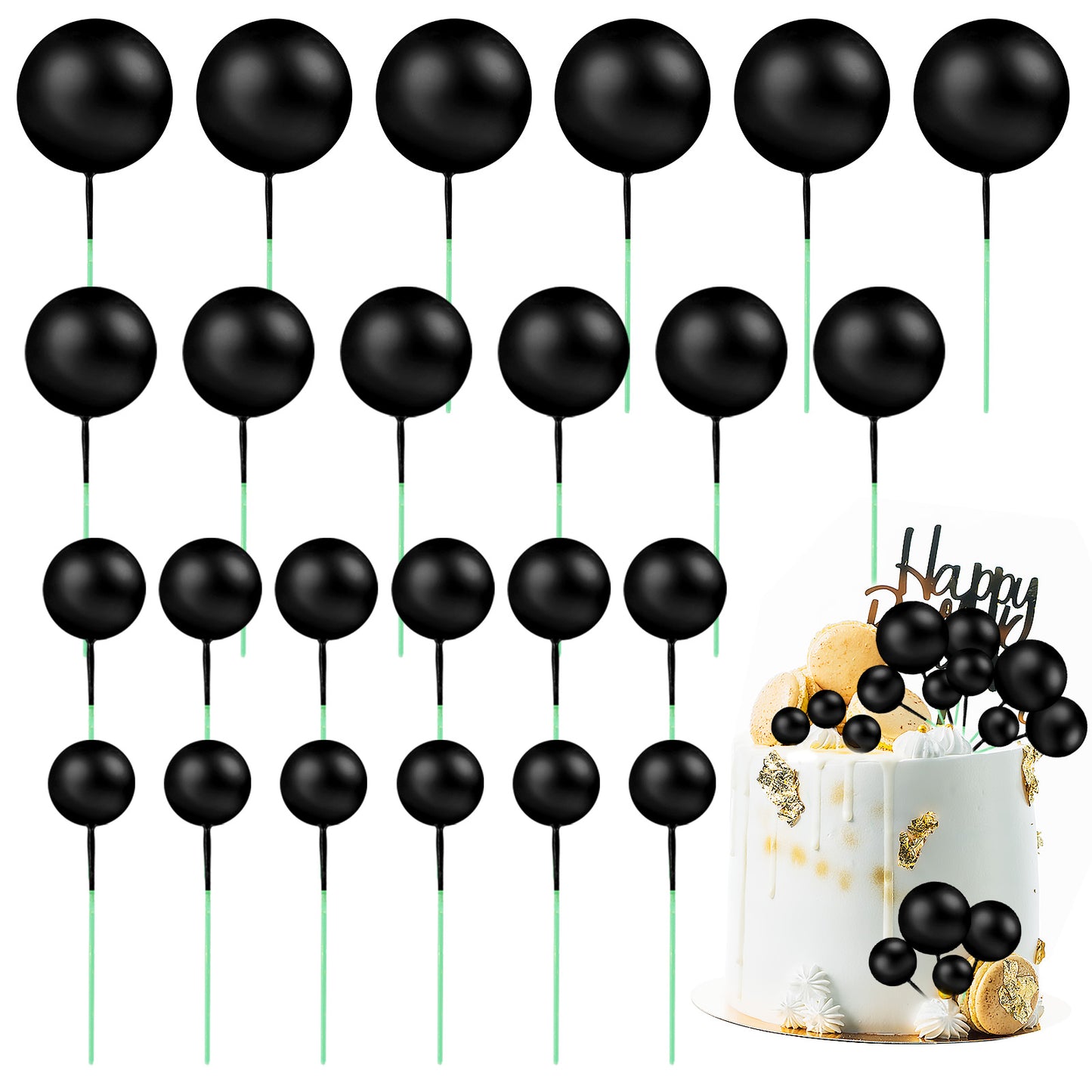 Oruola 24pcs Ball Cake Toppers,4 Size Black Foam Balls Cake Topper Sticks,Cake Balls Decorations,Wedding Cake Toppers for DIY Decoration Wedding Baby Shower Birthday Party Anniversary Graduation