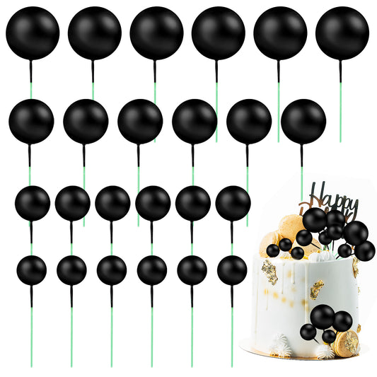 Oruola 24pcs Ball Cake Toppers,4 Size Black Foam Balls Cake Topper Sticks,Cake Balls Decorations,Wedding Cake Toppers for DIY Decoration Wedding Baby Shower Birthday Party Anniversary Graduation