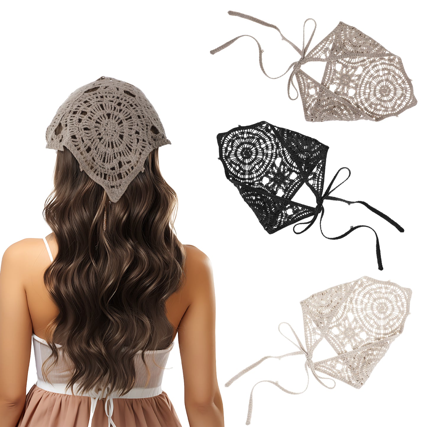 Classicseali 3pcs Crochet Hair Bandana, Hollow Crochet Bandana for Women Girls Head Kerchief Styling Decor, Crochet Head Scarf, Hair Kerchief (Black+ Beige + Brown)