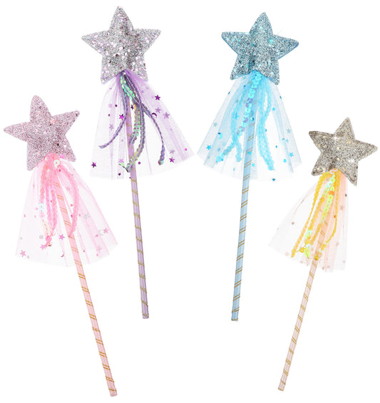 ValueBargain 4Pcs Fairy Wands, Multicolor Polyester Princess Role Play Props, Glitter Star Costume Sticks for Kids Birthday Party Favors Wedding Cosplay Gifts