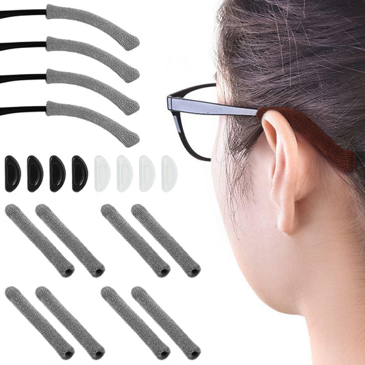 Oruola 4pairs Eyeglass Cushions for Ears, Upgrade Soft Grey Knitting Ear Pads for Glasses, Anti-Slip Elastic Comfort Eyeglasses Temple Tips Sleeve, Ear Cushions for Glasses with 8 Eyeglass Nose Pads