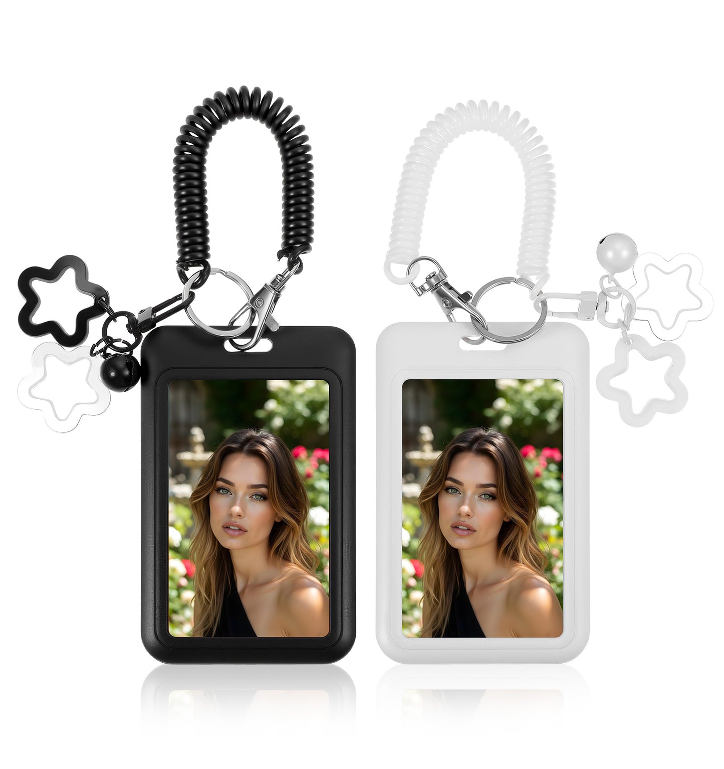 Photo Card Keychain, 2Pcs Photocards Holder with Star Pendant and Fashion Telephone Coil for Photo Campus Card Transportation Cards Idol Photos (Pure White and Black)