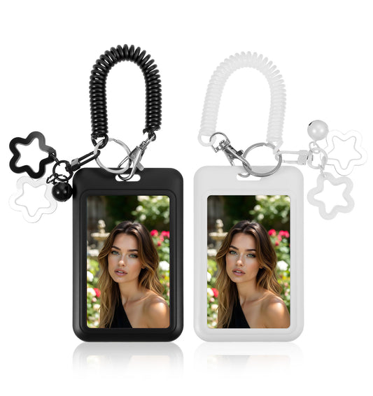 Photo Card Keychain, 2Pcs Photocards Holder with Star Pendant and Fashion Telephone Coil for Photo Campus Card Transportation Cards Idol Photos (Pure White and Black)