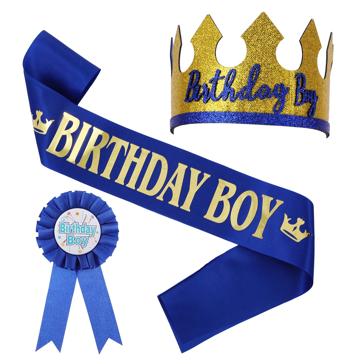 Classicseali 3pcs Birthday Boy Badge, Birthday Boy Sash, Birthdays Sash and Tiara Set, for Boys Theme Party Decoration Supplies, Blue