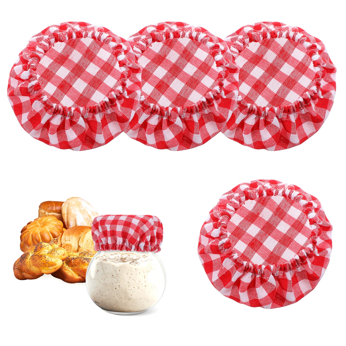 Oruola 4pcs Sourdough Starter Jar Covers Cloth, Red Cotton Sourdough Cloth Cover,Reusable Sourdough Starter Jar Cover Cloth for Fermentation Lids, for 3-4 Inch Jar Mouth Baking Supplies