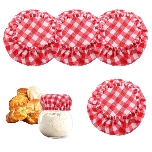 Oruola 4pcs Sourdough Starter Jar Covers Cloth, Red Cotton Sourdough Cloth Cover,Reusable Sourdough Starter Jar Cover Cloth for Fermentation Lids, for 3-4 Inch Jar Mouth Baking Supplies