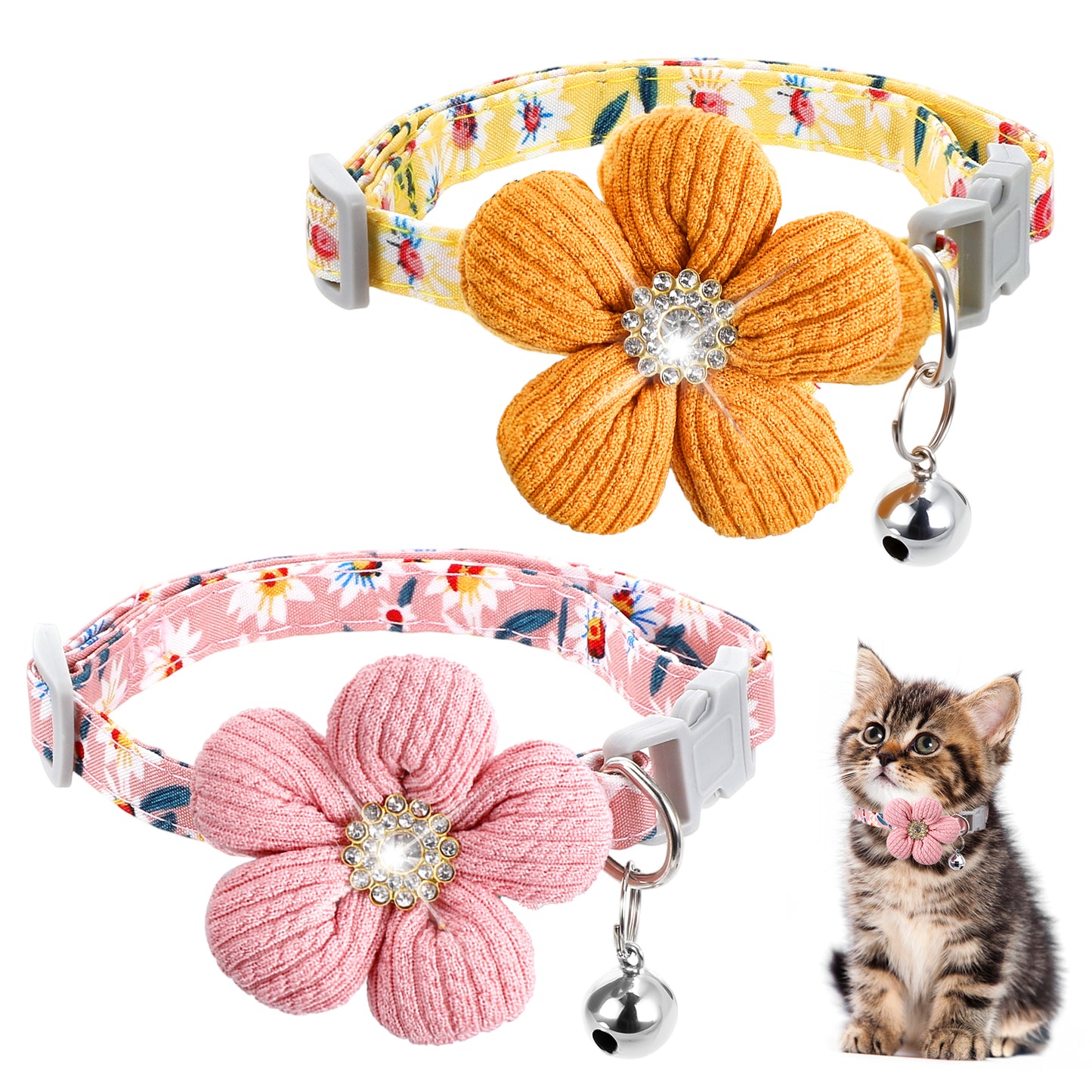 Guduling 2pcs Cat Collars with Bells, Quick Release Cat Collar, Cats Collar Girl with Knitted Flowers, Flower Collars with Safety Buckle, Suitable for Cats and Puppies (Pink, Yellow)