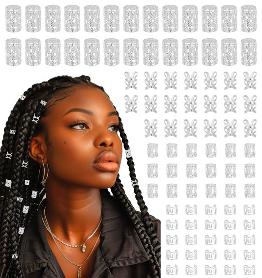 120 Pcs Silver Hair Jewellery for Braids, 4 Style Adjustable Cuffs Rings Beads, Decorative Accessories for Dreadlocks Festival Hairstyles Women