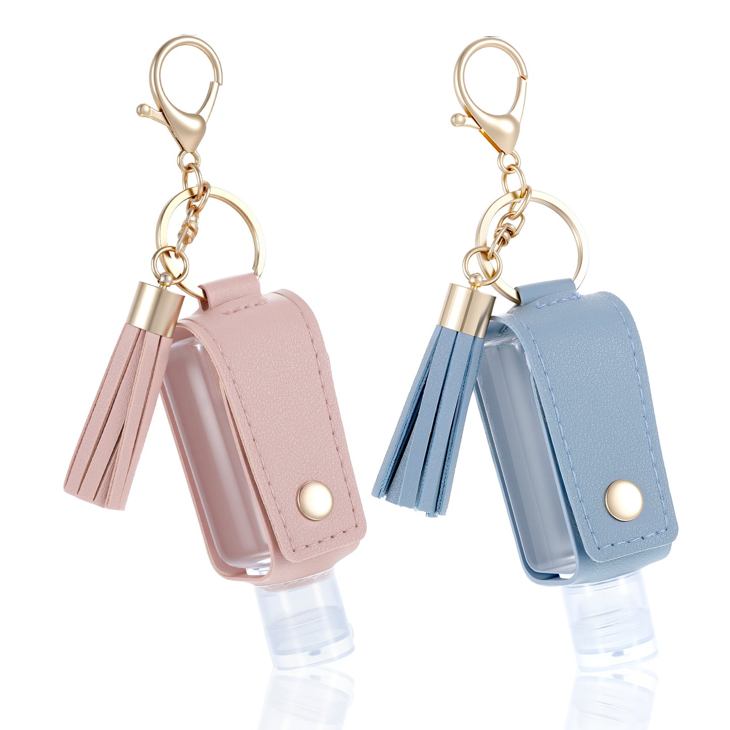Classicseali 2PCS Hand Sanitizer with Clip, Portable Leather Hand Sanitizer with Holder, Refilled Empty Hands Sanitizers Bottles, with Keychain, for Bathroom Liquid Soap Shampoo, Pink, Blue