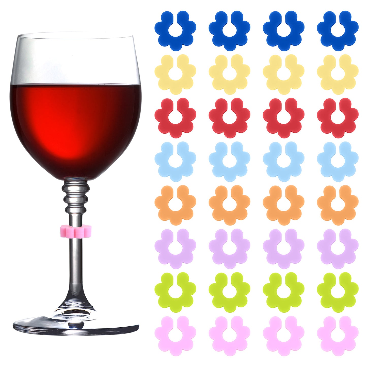 guduling 32 Pcs Wine Charm Rings,Silicone Glass Markers,Reusable Wine Glasses Markers Charms with 3 Styles,Suitable for Bar Parties, Champagne Flutes,Cocktail Glasses and Other Occasions