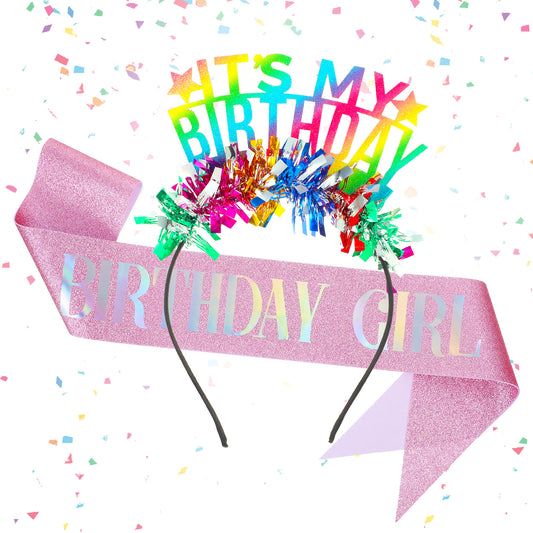 Classicseali 2PCS Birthday Headband Girl, Colored Lace Its My Birthday Headband, with Pink Shoulder Straps, Glitter Birthdays Tiara for Women, Girls, Party, Dance, Role Play