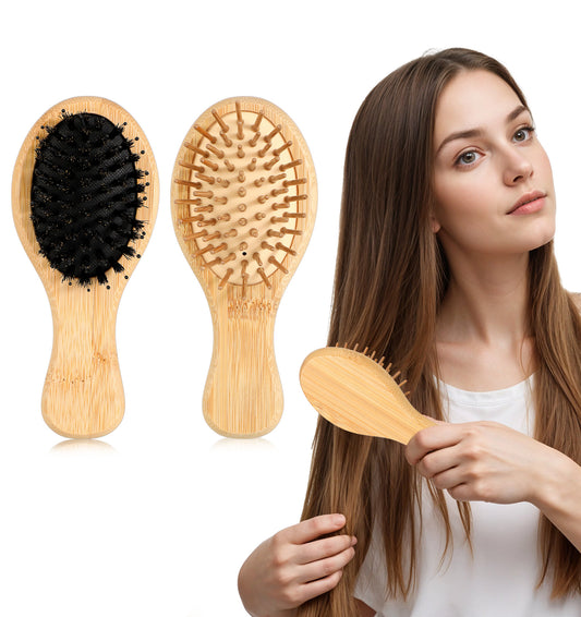 2PCS Small Hair Brush, Mini Hairbrush, Small Hair Brushes for Women, Small Travel Hair Brush, Bamboo Boar Bristle Hair Brush, Detangler Brush for Wet/Dry Hair Massaging, Hair Brush for Women & Men Kid