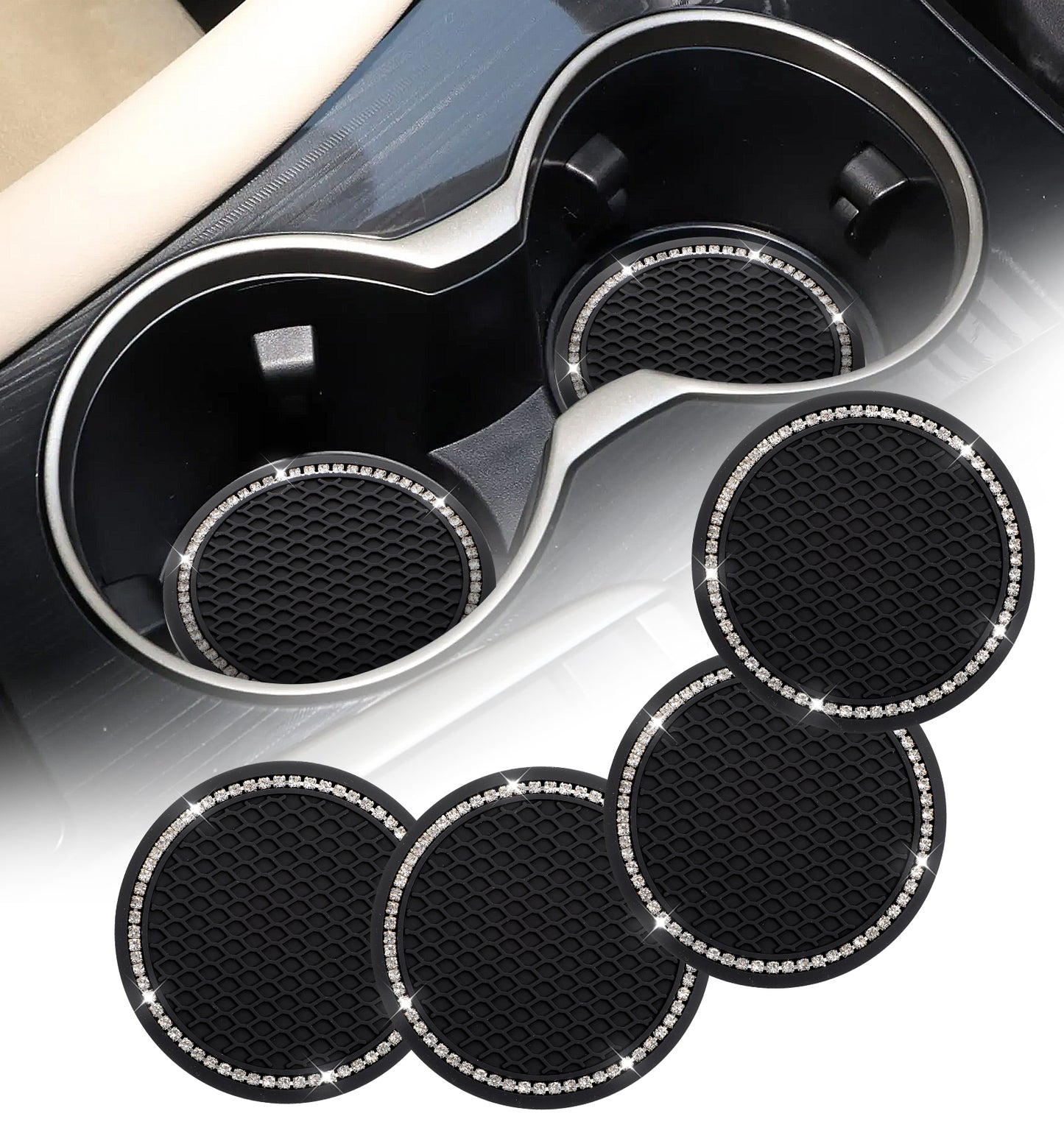 Car Coasters, 4 Pack 7 cm Non-Slip Car Cup Holder Insert with Honeycomb Texture, Absorbent Drink Coasters for Cars, Trucks, Vehicles, (Black)