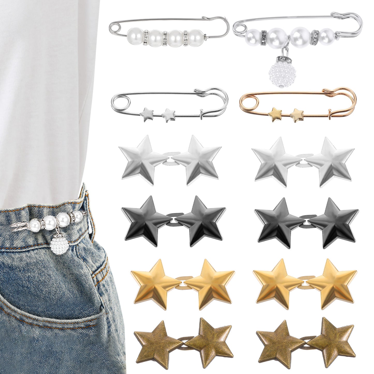 Classicseali 12pcs Trouser Waist Tightener, Adjustable Waist Tightener Clips,No Sewing Required Star Waist Tightener, Pant Waist Tightener for Loose Jeans, Skirts, Sleeves, Sweaters