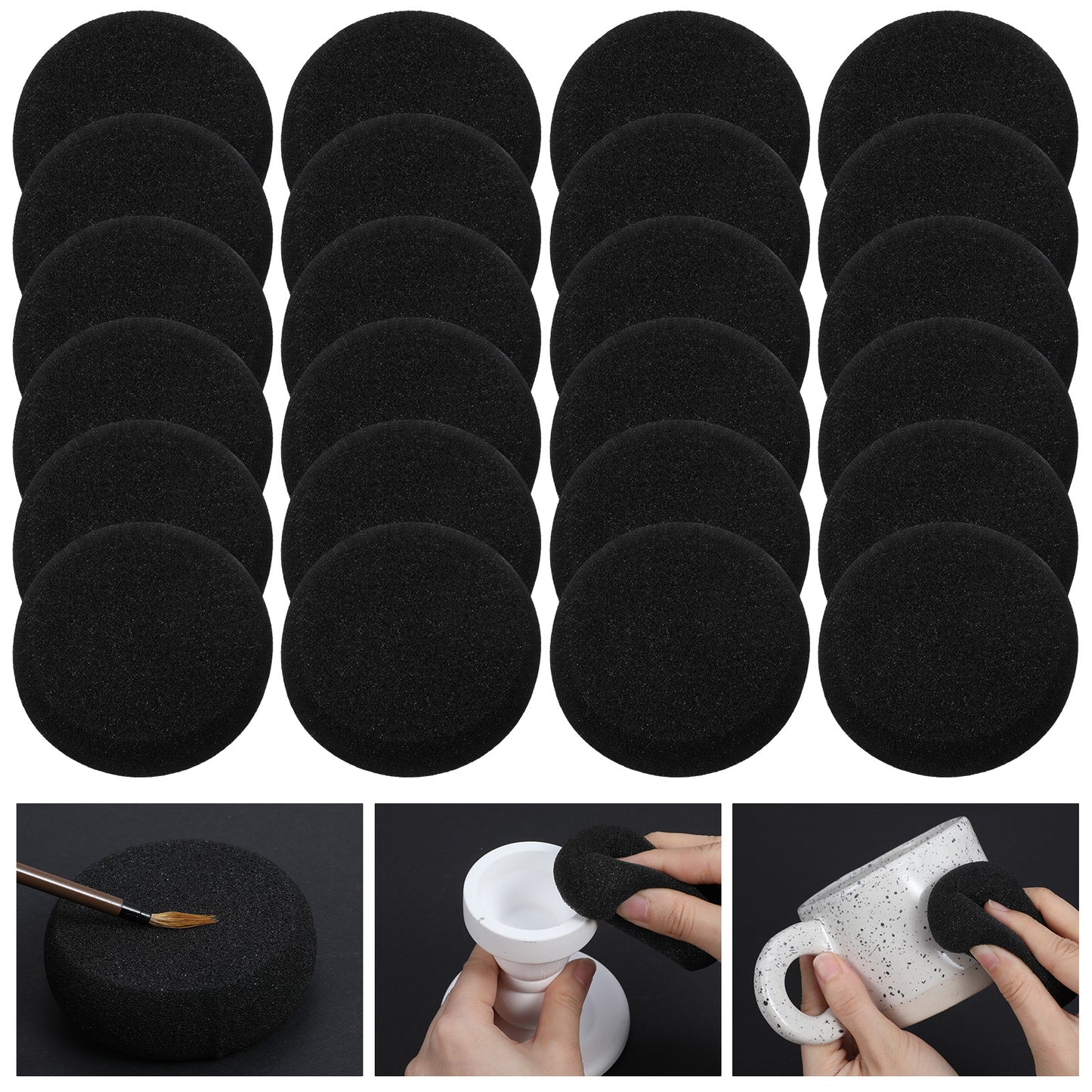 Classicseali 12pcs Painting Sponges, 3 In Round Art Sponges, Water-Absorbent Pottery Spong, for Face Painting, Ceramic Art Crafts, Car Polishing, Waxing, Tire Care, Polish Protection, Black