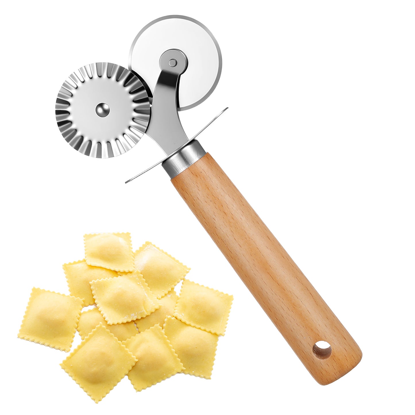 Oruola Double-Blade Pastry Cutter Wheel, Stainless Steel Pasta Cutter with Wooden Handle, Versatile Pasta Cutters Wheel for Pizza, Ravioli, and Cookie Dough