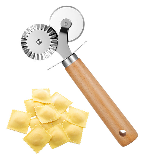 Oruola Double-Blade Pastry Cutter Wheel, Stainless Steel Pasta Cutter with Wooden Handle, Versatile Pasta Cutters Wheel for Pizza, Ravioli, and Cookie Dough