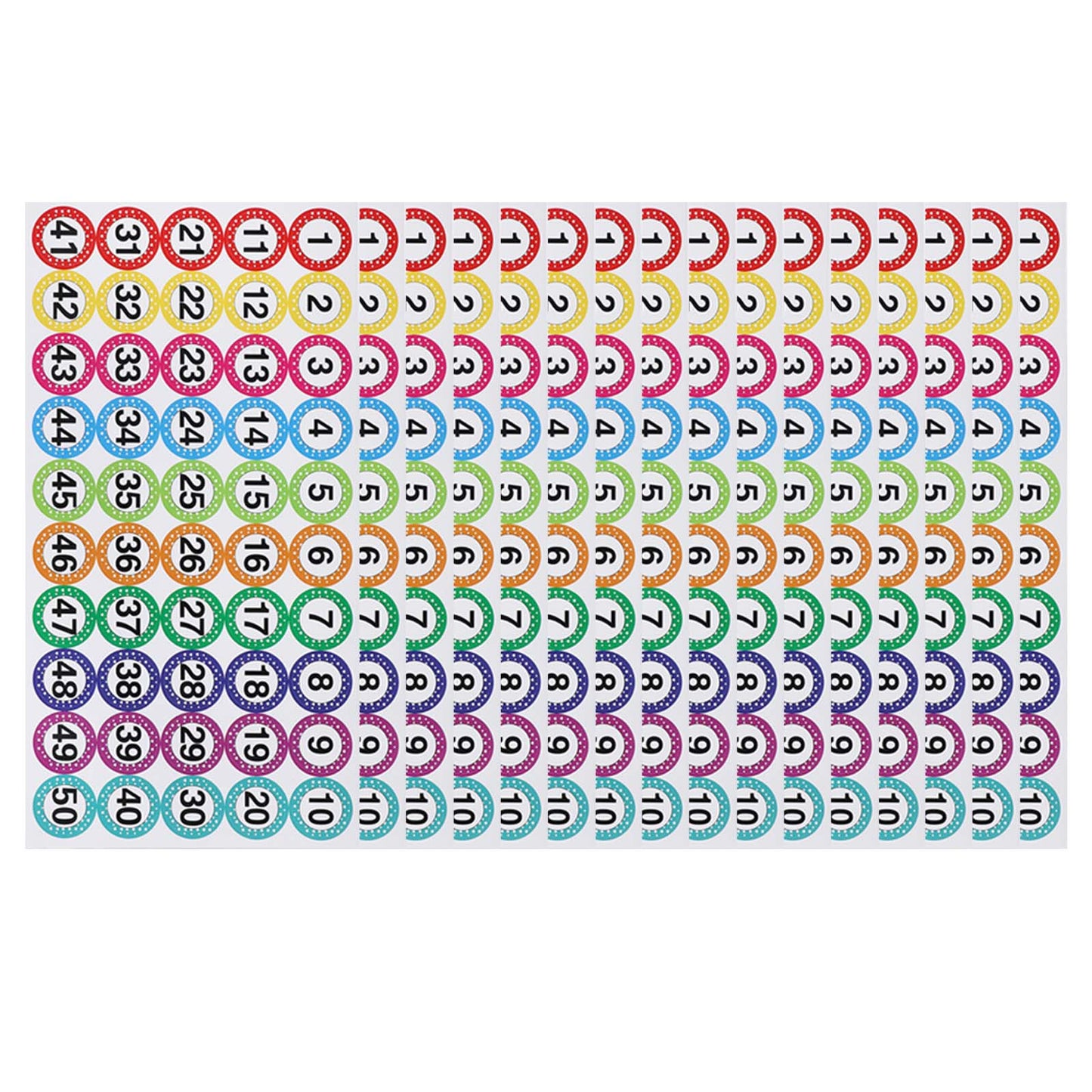 Oruola 16sheets Numbered Stickers,Number Stickers 1-50 (800pcs),Round Self Adhesive Number Labels, Self-Adhesive Diameter 1Inch for Home Office Lockers Bins Organizing Classifying,Colorful
