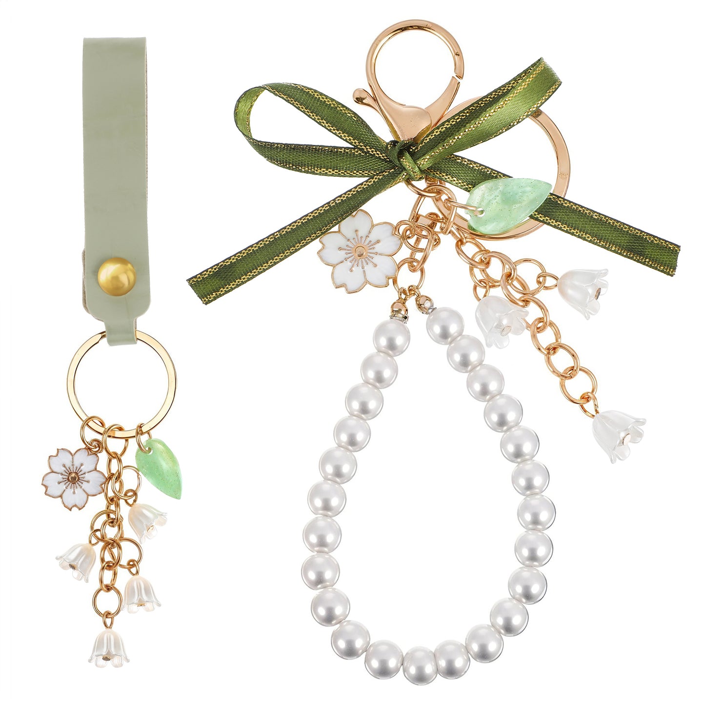 guduling 2 Pcs Lily of the Valley Keychain,Tulip Keychain with Leather Chains,Flower Bag Purse Charms Floral Leaf Keyrings for Summer Home Car Keys Bag Keychains Camera Pendants Decor
