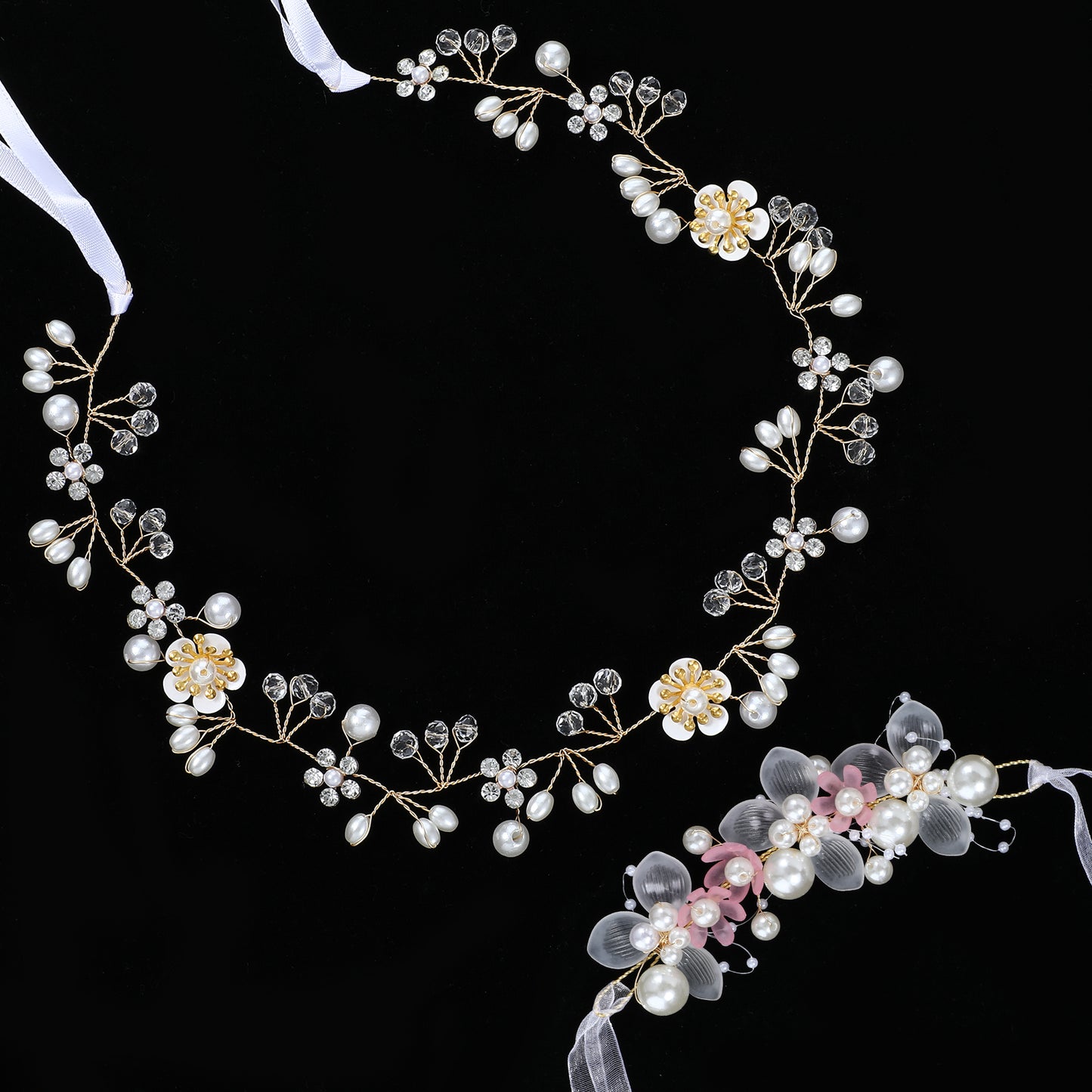 Oruola Flower Girl Headpiece and Bracelets,Flower Crown for Girls,Wedding Headpiece for Bride with Wrist Corsage,Pearls Rhinestone Headband Princess Hair Accessories for Birthday Party Wedding Glod