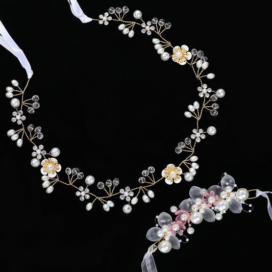 Oruola Flower Girl Headpiece and Bracelets,Flower Crown for Girls,Wedding Headpiece for Bride with Wrist Corsage,Pearls Rhinestone Headband Princess Hair Accessories for Birthday Party Wedding Glod