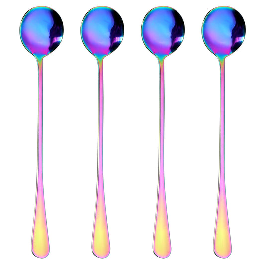 oruola Sundae Spoons, Set of 4 Long Teaspoons, Stainless Steel Latte Spoons, Long Handled Teaspoons for Coffee, Tea, Desserts, Ice Cream, and More - 7.48 Inches (Rainbow Color)