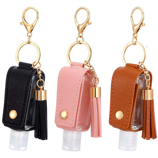 oruola 3 PCS Hand Sanitizer Holder,30 ml Empty Hand Sanitiser Keyring, Mini Keyring Hands Sanitiser for Travel Lotion Liquid Soap Shampoo (Black Pink Brown)