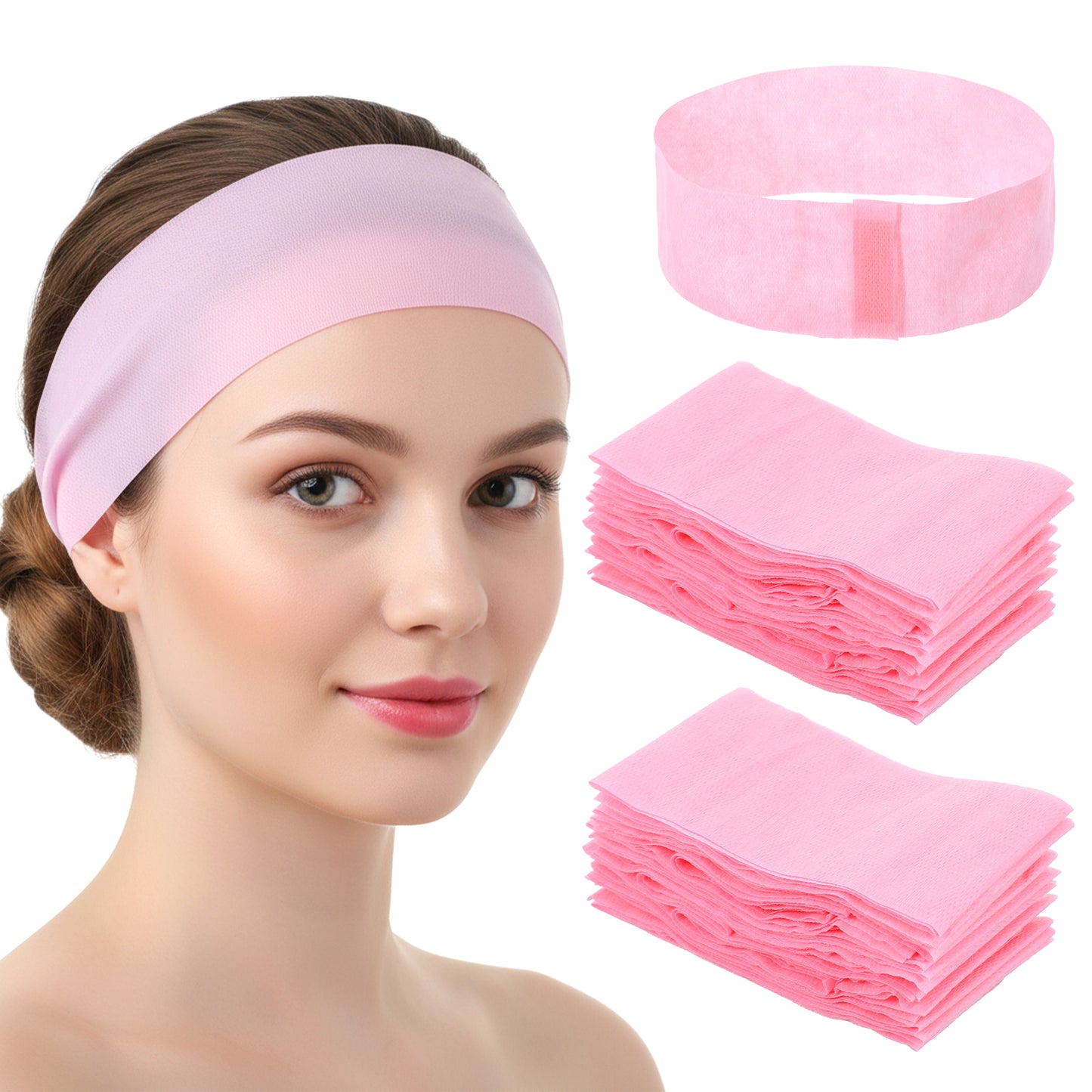 Elegaperma 50Pcs Disposable Headbands for Facials, Pink Soft Facial Headband Set, Disposable Hair Bands & Spa Facial Headband for Skincare Makeup Esthetician Salon and Home Beauty Treatments