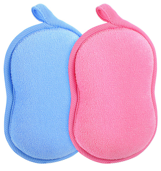 2 Pcs Baby Bath Sponge, Soft & Absorbent Baby Sponge Loofah for Newborns, Mild Exfoliating Cleaning Tools for Infant & Toddler Ideal for All Skin Types, Pink Blue