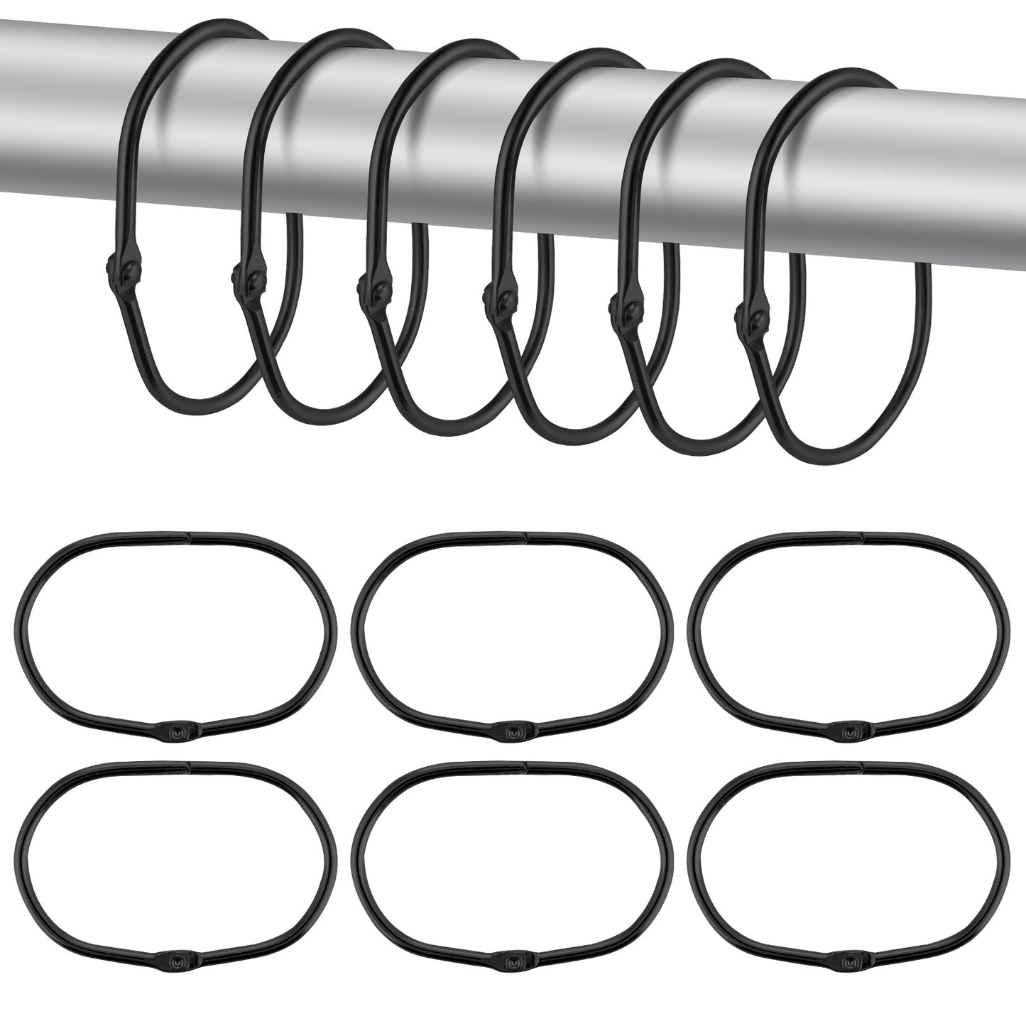 Guduling 12pcs Black Shower Curtain Hooks, Metal Black Curtain Rings, Metal Coated, Rust-Proof Curtains Pole Rings for Bathroom Shower Rods Curtains