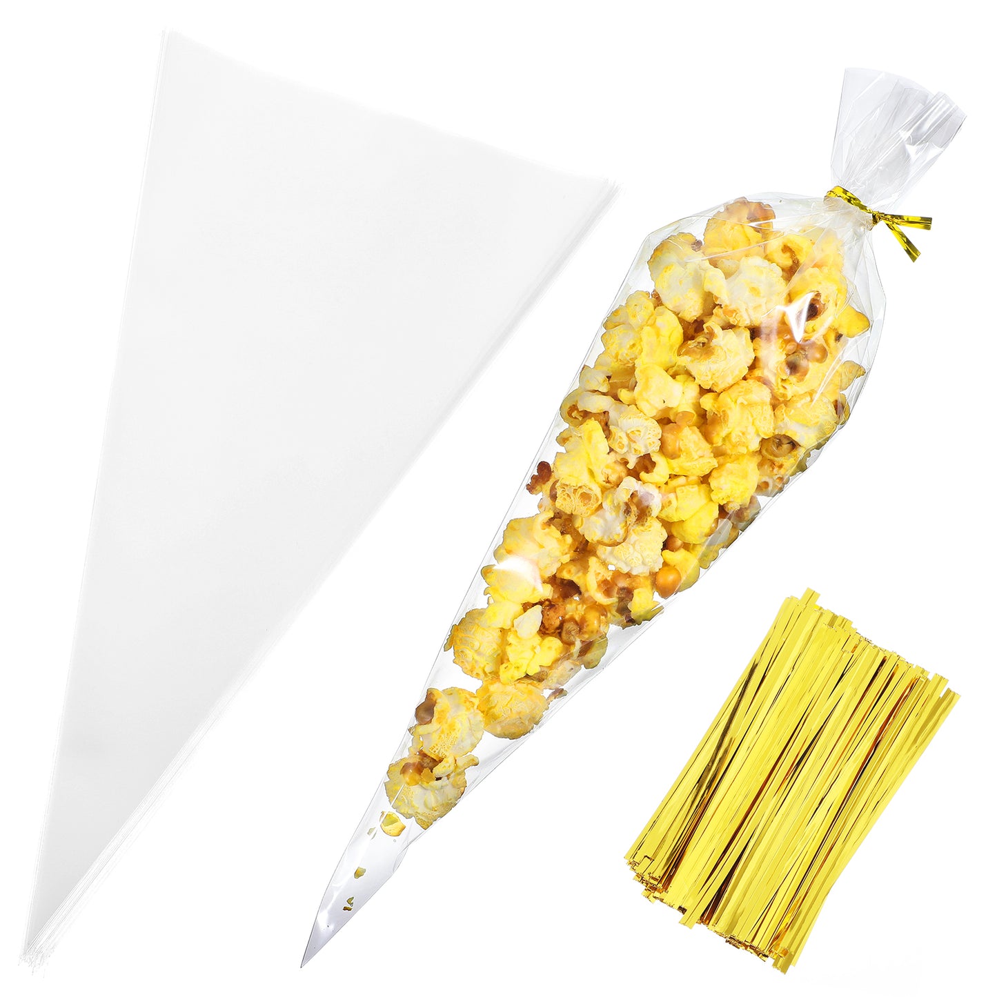 Oruola 100 pcs Cone Shaped Treat Bags,6.3 X 11.81 In Clear Bag for with Twist Ties,Clear Popcorn Bags for Treats, Popcorn, Candy, Party Favors,Bolsas De Celofán Transparentes
