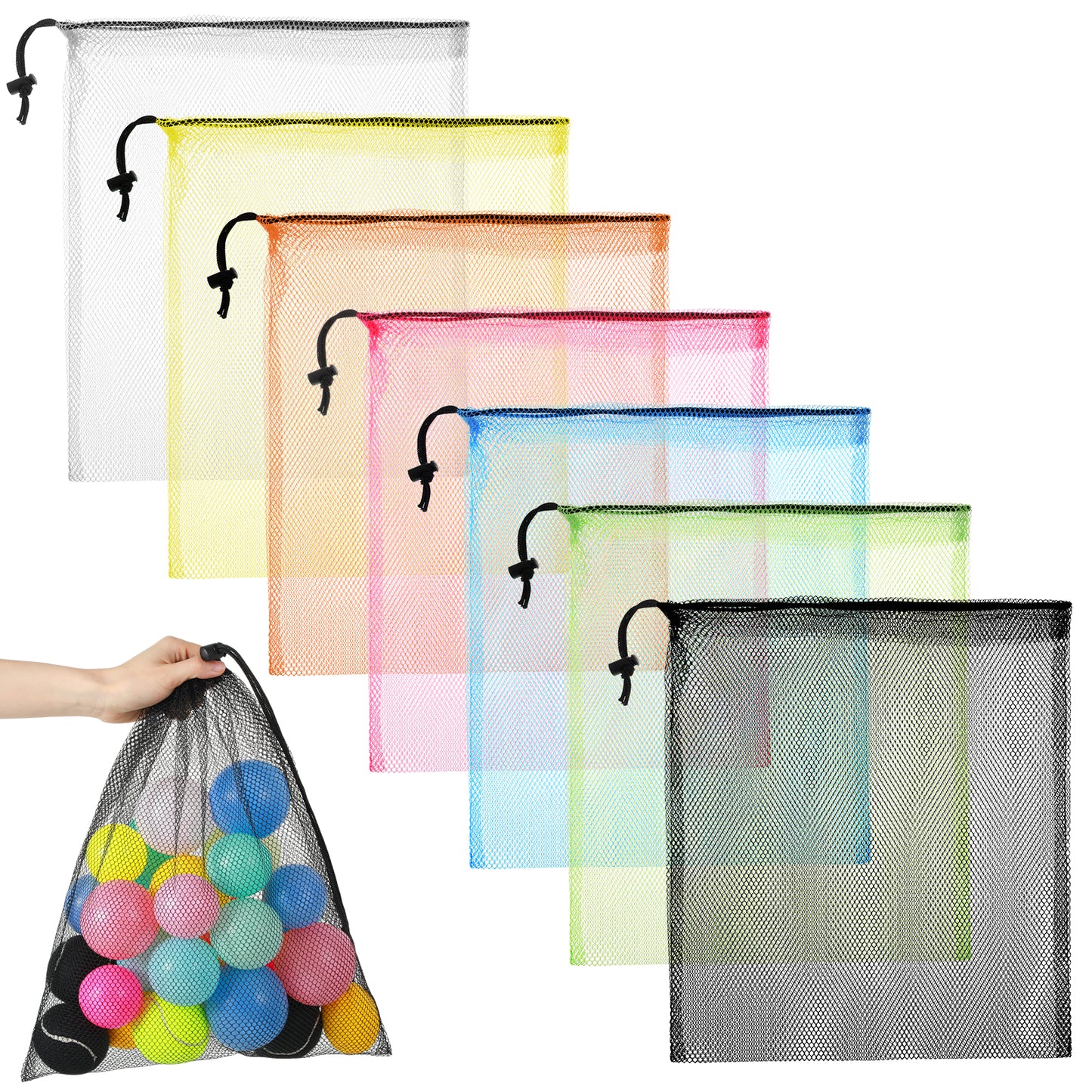 Oruola 7pcs Mesh Drawstring Bag,18 x 12 Inch Nylon Mesh Bags Drawstring for Storing Pool Beach Ball Toys,Mesh Storage Bag for Collecting Travel Sports Gym Yoga