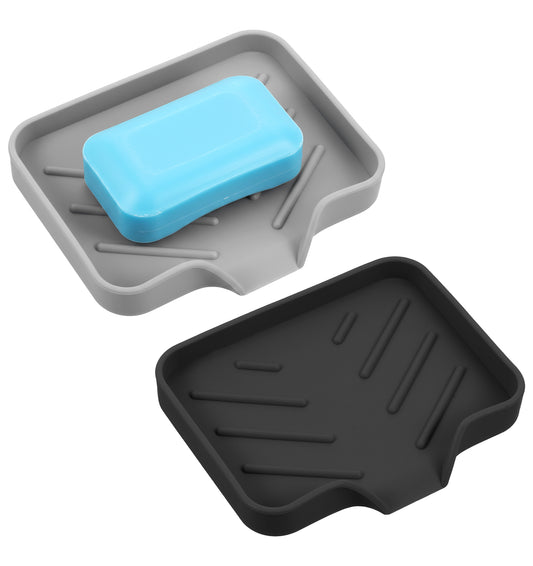 2Pcs Silicone Soap Dish, Silicone Sponge Holder with Drain Spout, Kitchen Sink Organizer & Bathroom Shower Tray for Easy Drying & Cleaning (Grey Black)