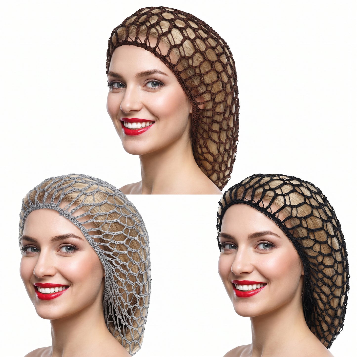 3 Pack Hair Nets for Sleeping In, Hair Net for Sleeping Breathable Rayon Crocheted Snood Cap for Women Sleep, Shower & Salon Use (Black, Gray, Brown)