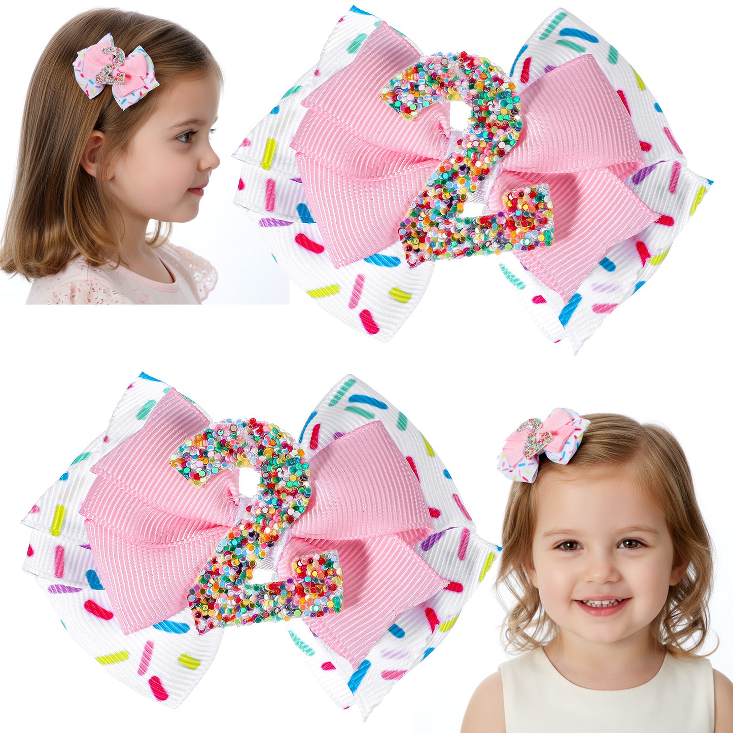 Elegaperma 2Pcs 2nd Birthday Outfit, Sparkly Number 2 Birthday Hair Bow with Alligator Clip, Pink 2nd Birthday's Bow for Toddler Girl Birthday's Party Decorations