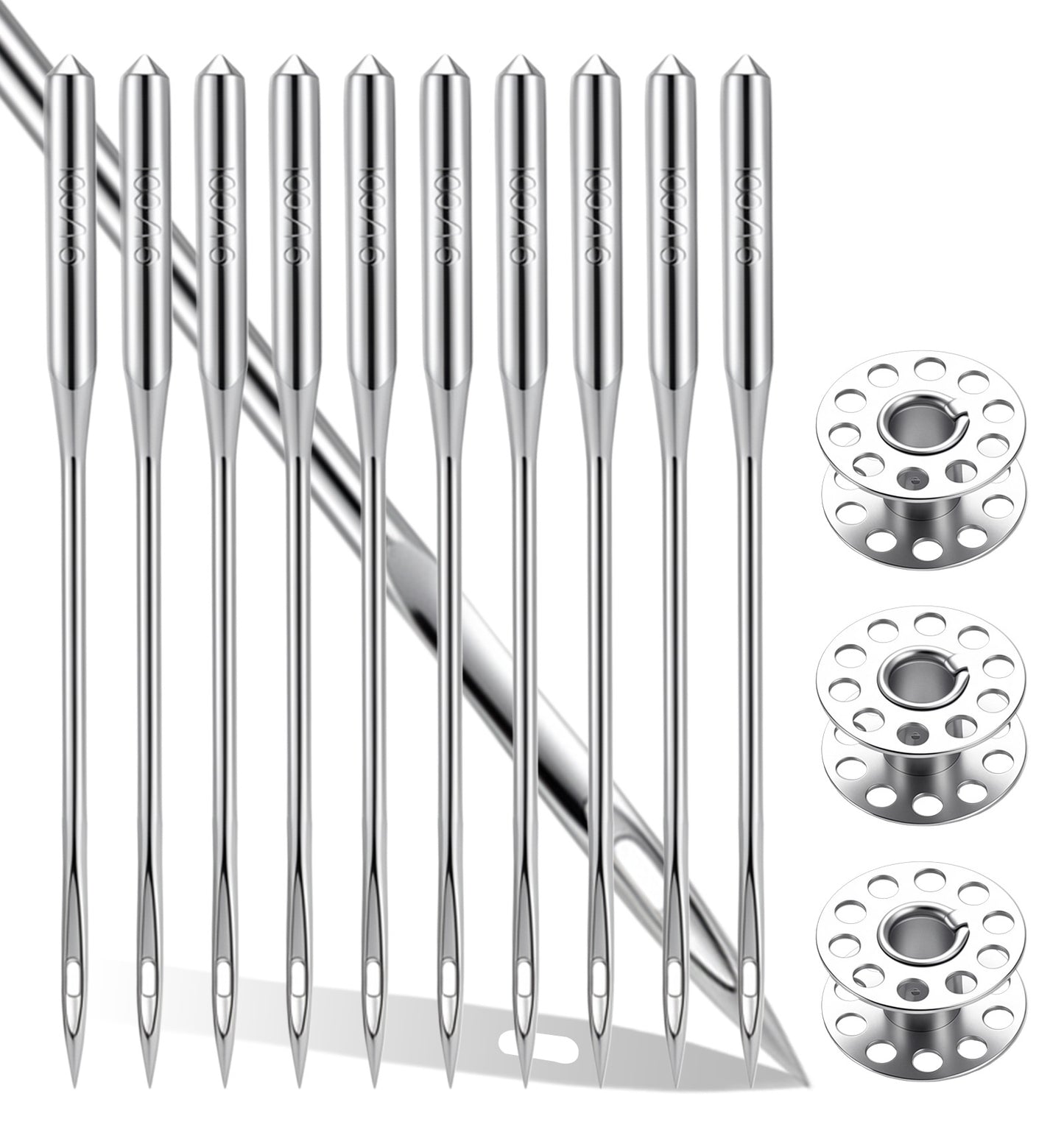 50 PCS 100/16 Sewing Machine Needles, 1.5 Inch Heavy Duty Sewing Machine Needles for Leather, Jeans & Canvas, Compatible with Home Sewing Machines (3 Bobbins Included)