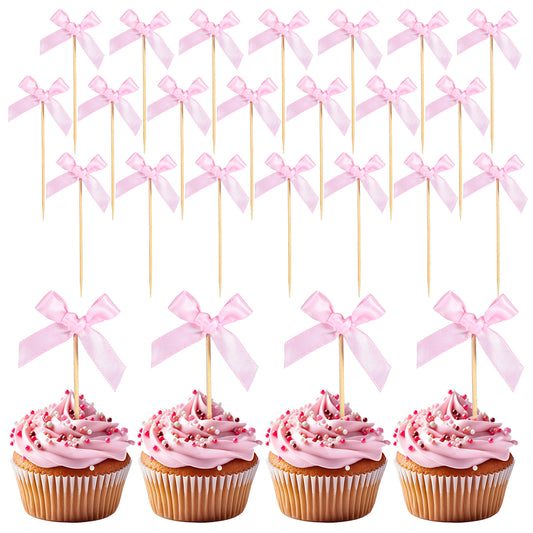 Classicseali 48pcs Pink Bow Cupcake Toppers, Mini Bow Cupcake Toppers for Coquette Bow Theme Party Decoration Bachelorette Bridal Engagement Wedding Baby Shower Party Decor, Pink