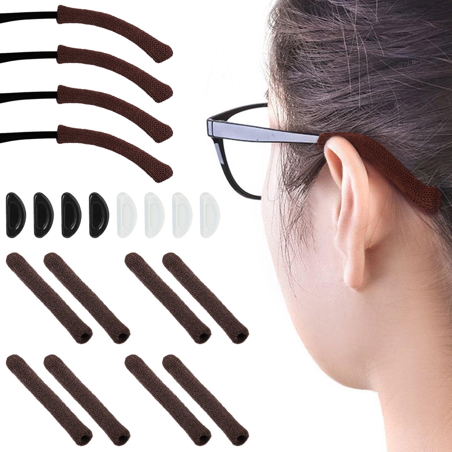 Oruola 4pairs Eyeglass Cushions for Ears, Upgrade Soft Knitting Ear Pads for Glasses, Anti-Slip Elastic Comfort Eyeglasses Temple Tips Sleeve, Ear Cushions for Glasses with 8 Eyeglass Nose Pads