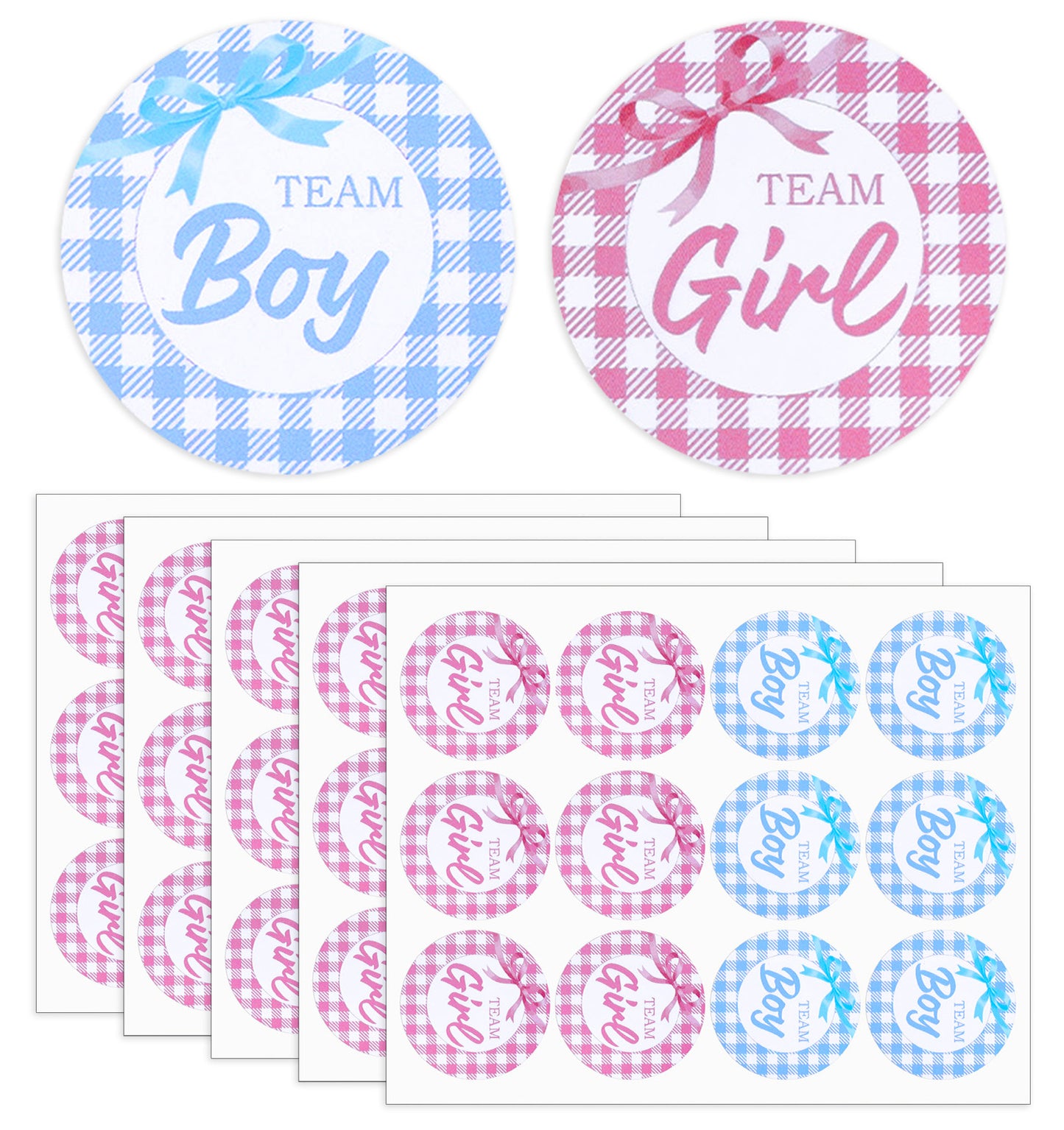60 Pcs Gender Reveal Stickers Boy or Girl, 5 Sheets Team Boy or Girl Stickers with Bow Design, Pink & Blue Paper Labels for Party Games (2 Inch)