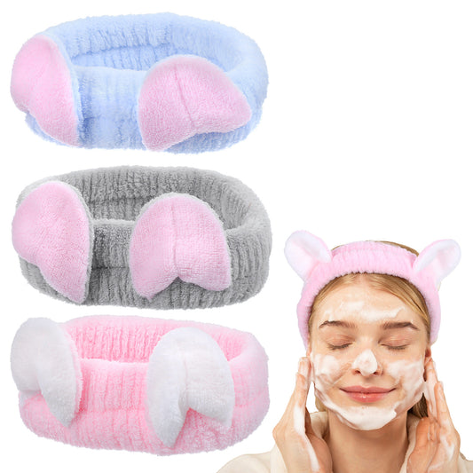 Classicseali 3PCS Make up Headband,Face Headband for Skincare Soft Coral Fleece,Cute Elastic Cat Headbands,for Women and Girls to Wash Their Face, Make Up, Skin Care(Gray, Pink, Blue)